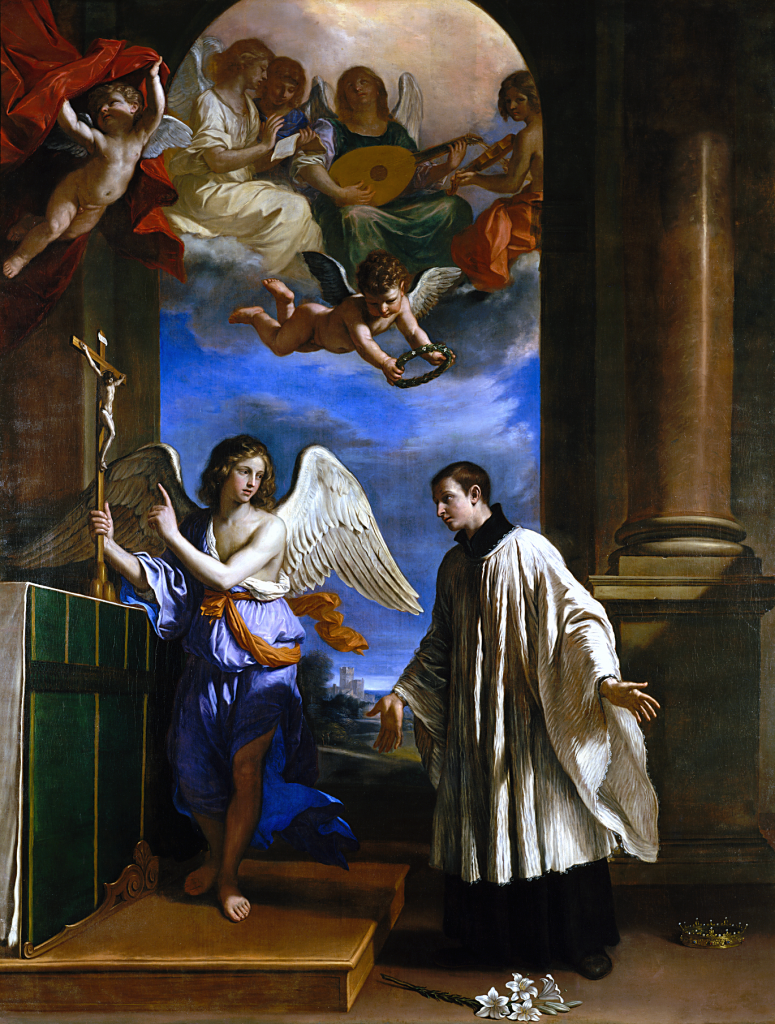 "The Vocation of St. Aloysius Gonzaga," by Giovanni Francesco Barbieri. The lilies at his feet represent chastity, while the crown represents the title he renounced.