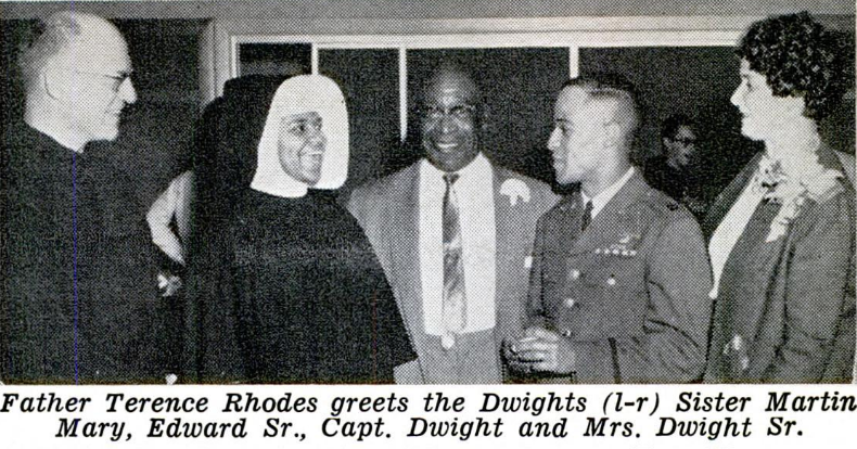 In 1963, Jet Magazine wrote an article about Captain Edward Dwight, a Catholic African-American astronaut trainee. Capt. Dwight returned to his alma mater, Bishop Ward High School in Kansas City, to give a commencement speech. Fr. Terence was on hand to meet him and his family.