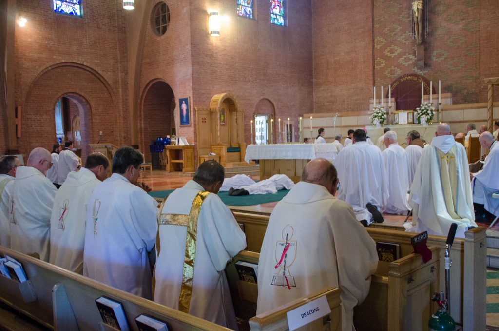 Deacons of the Diocese, foreground, look on during the ordination of two men, who are about to join their ranks.